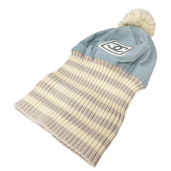 CHANEL Sport Vintage Coco Mark Logo Knit Beanie Winter Ski Hat #M Blue [105001] - Picture 8 of 13